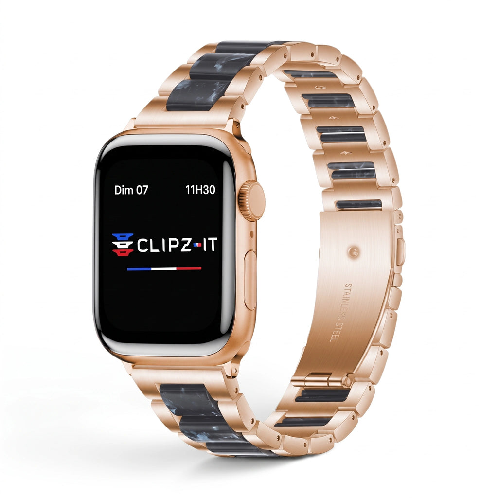 Bracelet Nacre acier inoxydable saphir, vue de face - Apple Watch | Clipz-it