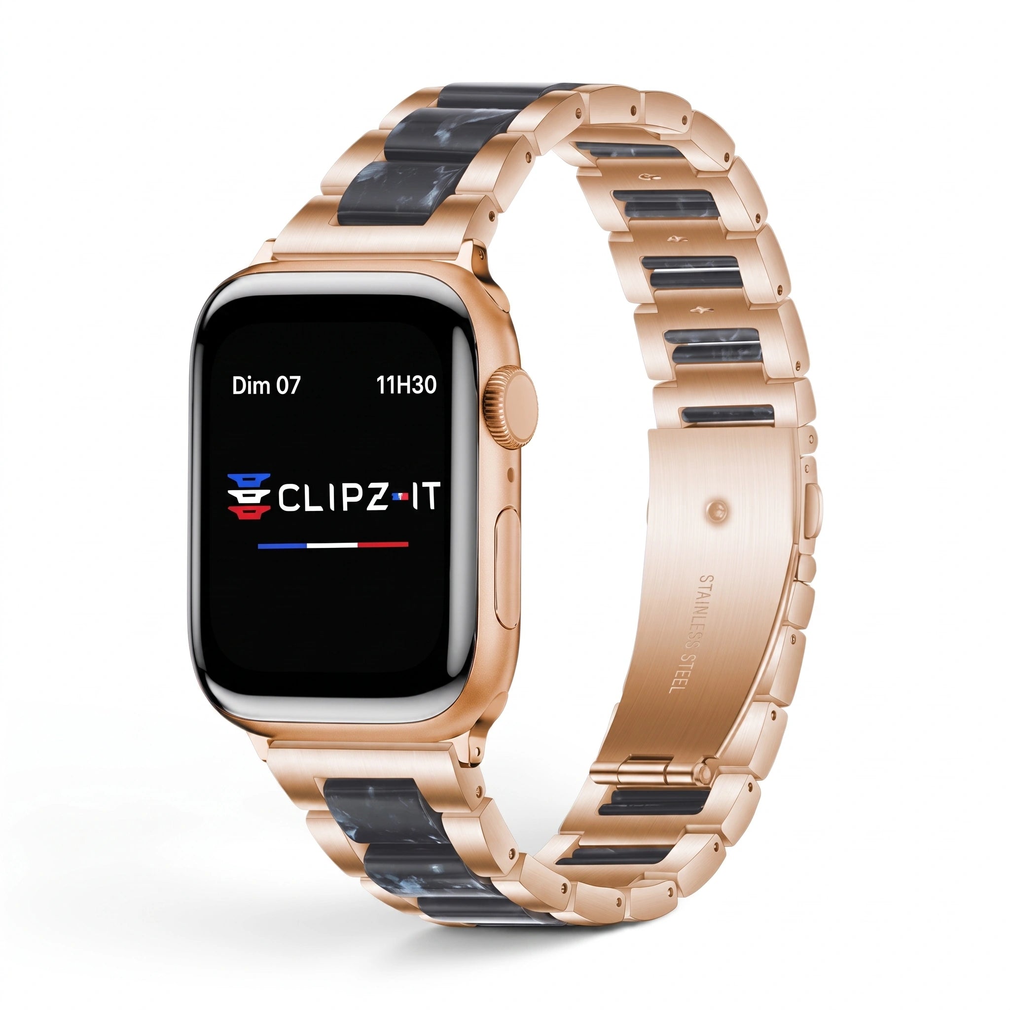Bracelet Nacre acier inoxydable saphir, vue de face - Apple Watch | Clipz-it