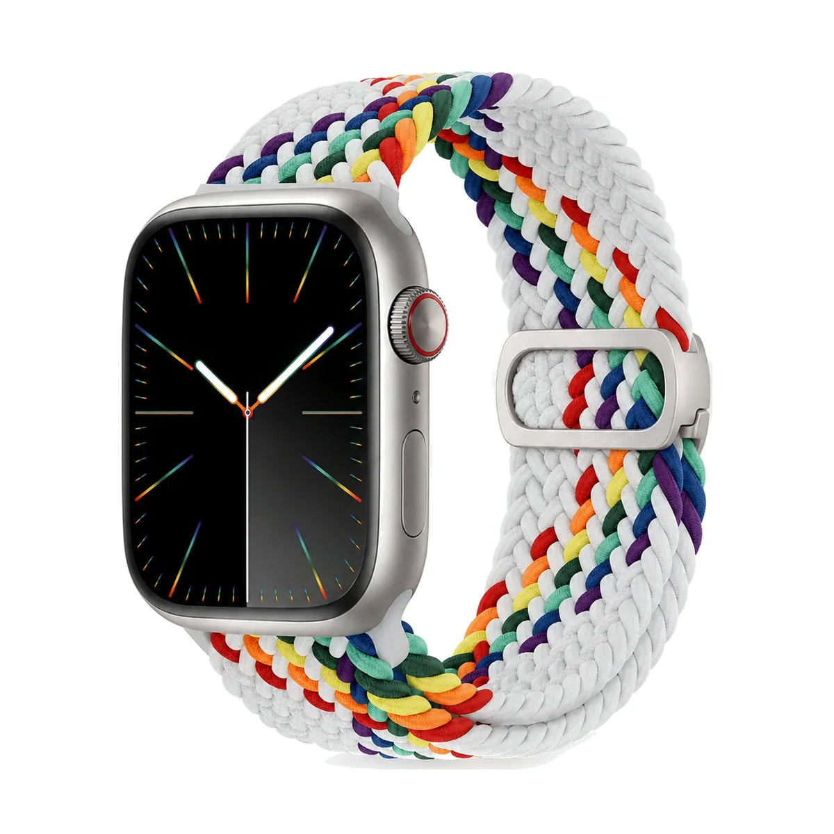 Correa Natte nylon trenzado blanco arcoíris, vista frontal - Apple Watch