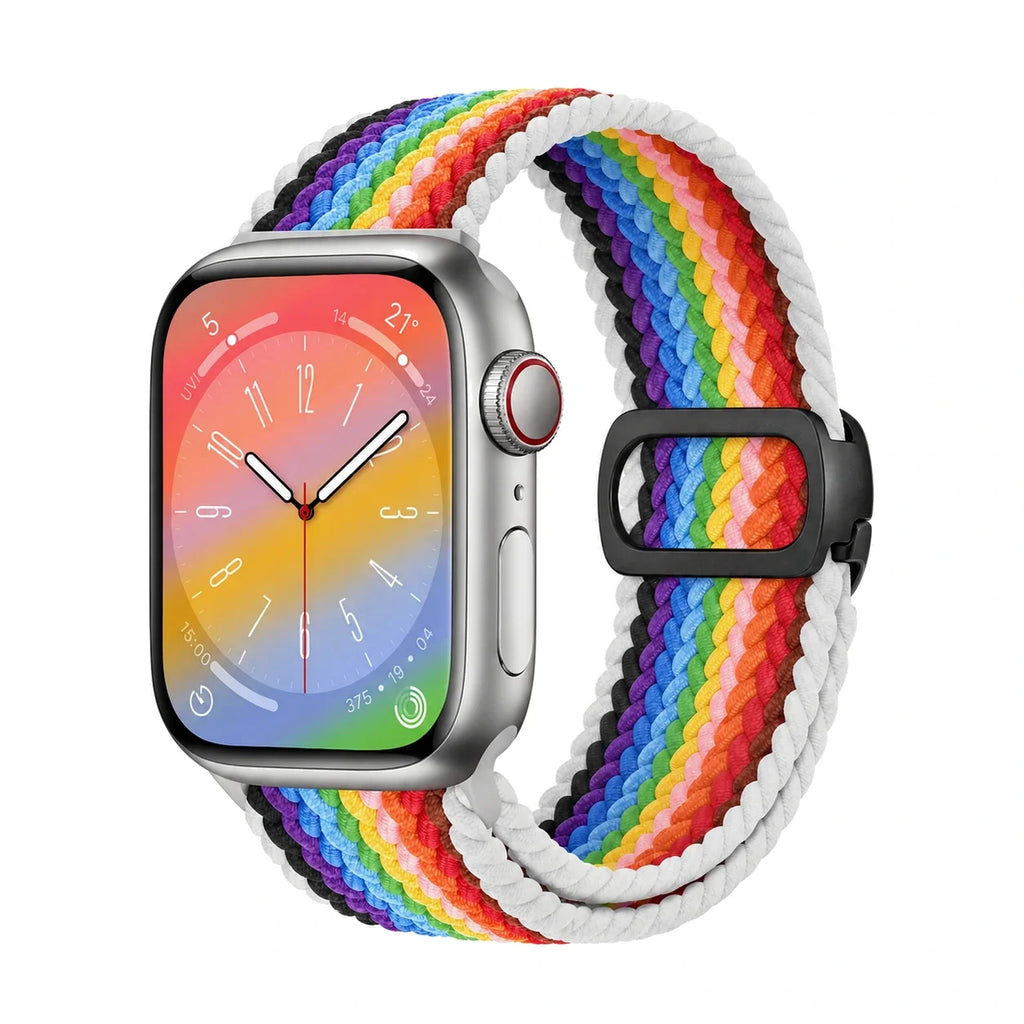 Correa Natte nylon trenzado blanco rayas arcoíris, vista frontal - Apple Watch