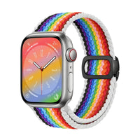Correa Natte nylon trenzado blanco rayas arcoíris, vista frontal - Apple Watch