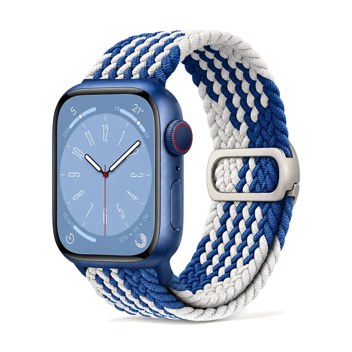 Correa Natte nylon trenzado azul y blanco, vista frontal - Apple Watch