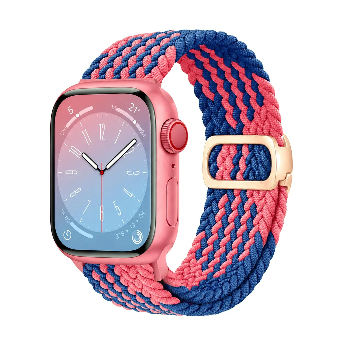 Correa Natte nylon trenzado azul y rosa, vista frontal - Apple Watch