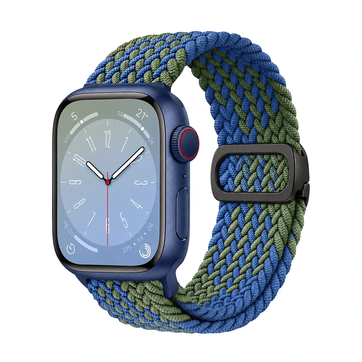 Correa Natte nylon trenzado azul y verde, vista frontal - Apple Watch