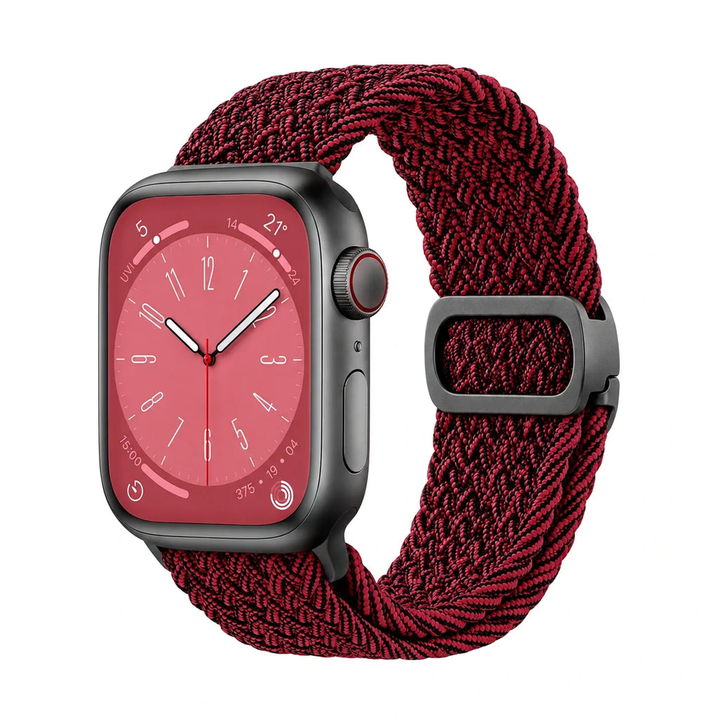Correa Natte nylon trenzado burdeos jaspeado, vista frontal - Apple Watch