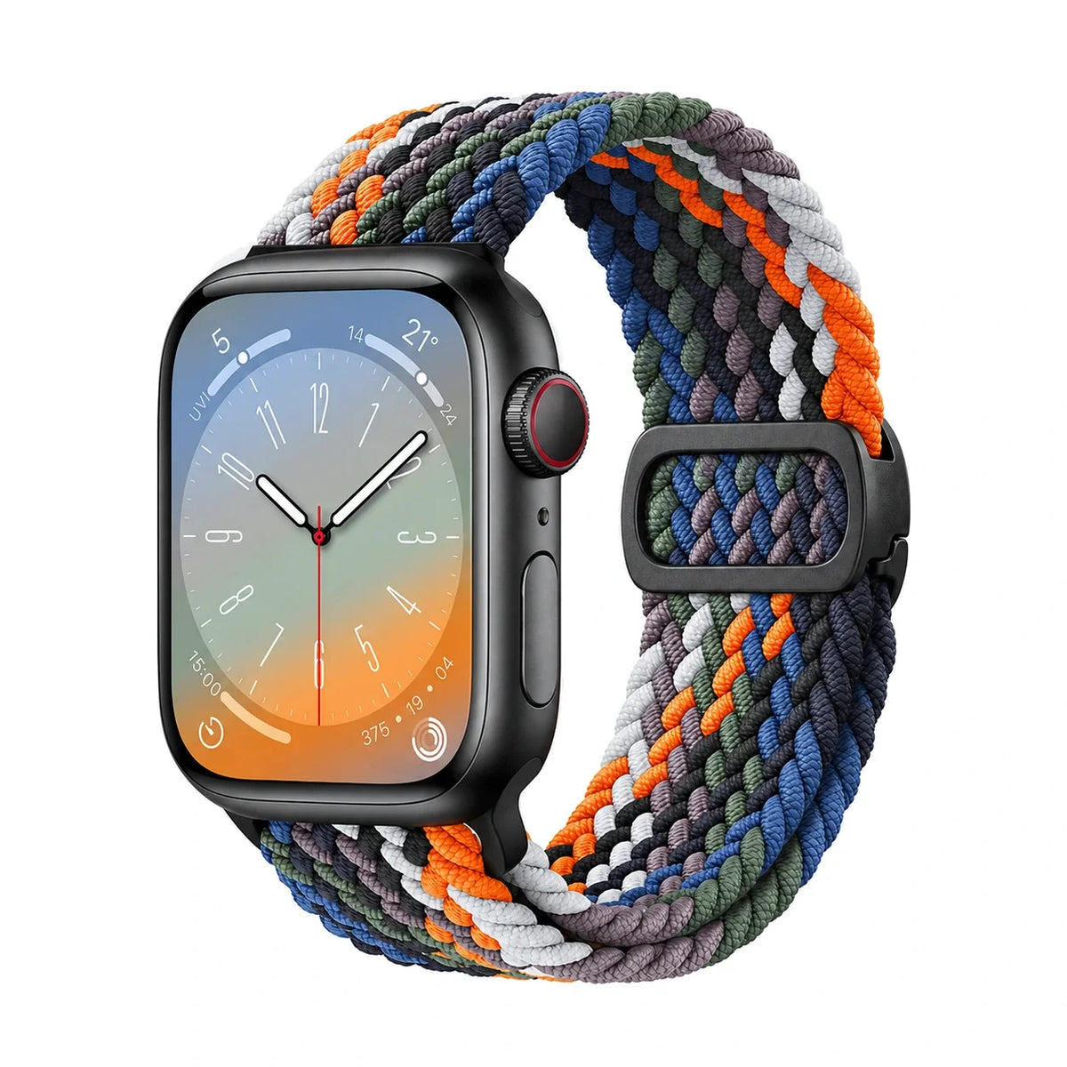 Correa Natte nylon trenzado denim multicolor, vista frontal - Apple Watch
