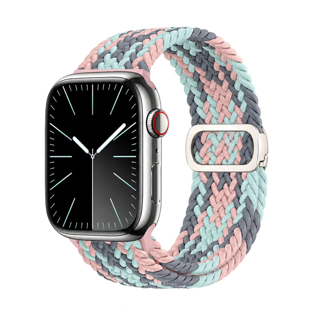 Correa Natte nylon trenzado gris, rosa y azul, vista frontal - Apple Watch
