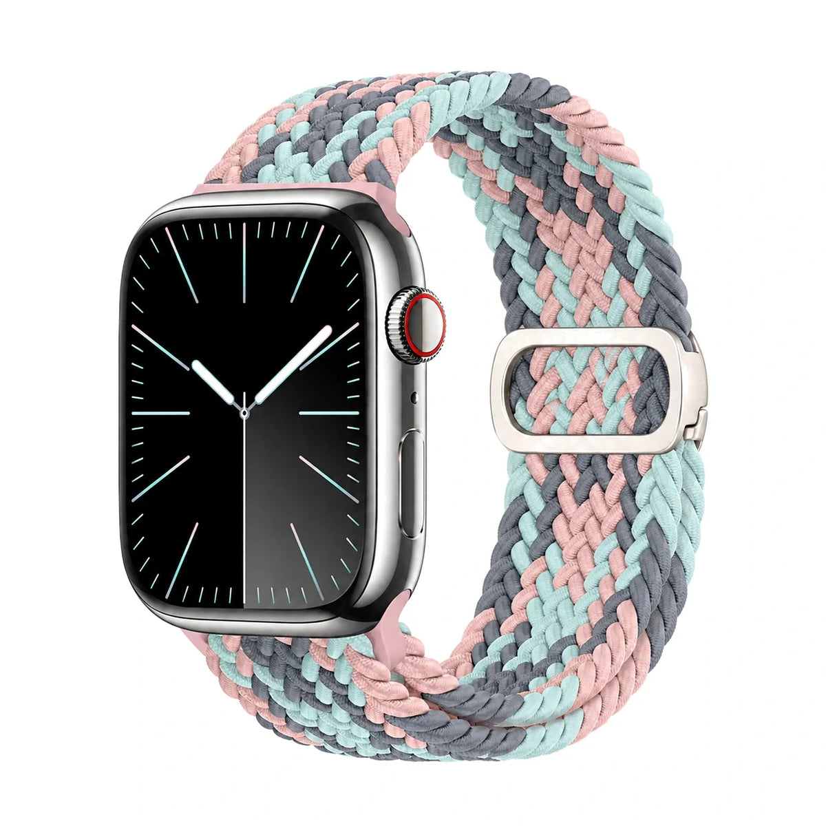 Correa Natte nylon trenzado gris, rosa y azul, vista frontal - Apple Watch