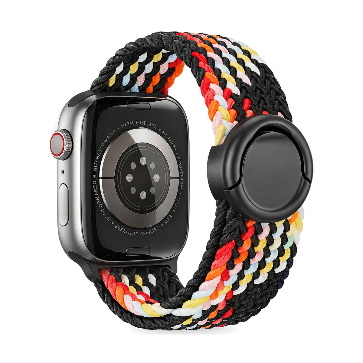 Bracelet Natte nylon tressé noir arc-en-ciel, vue de dos - Apple Watch