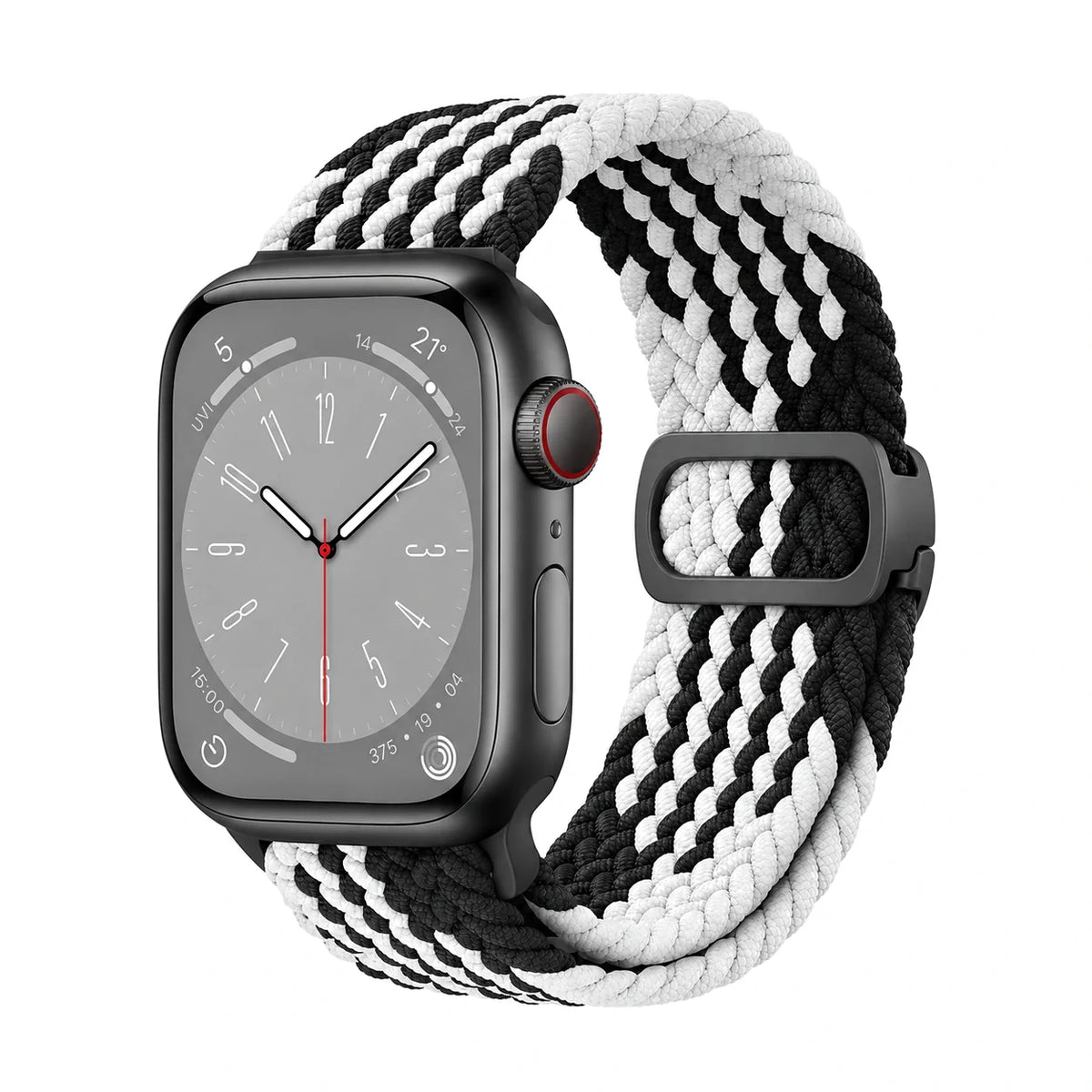 Correa Natte nylon trenzado negro y blanco, vista frontal - Apple Watch