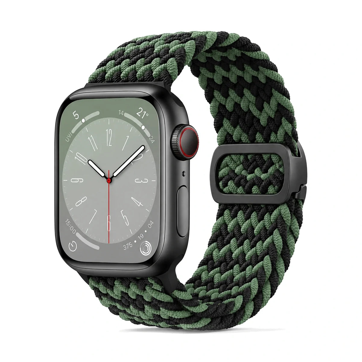 Correa Natte nylon trenzado negro y verde, vista frontal - Apple Watch