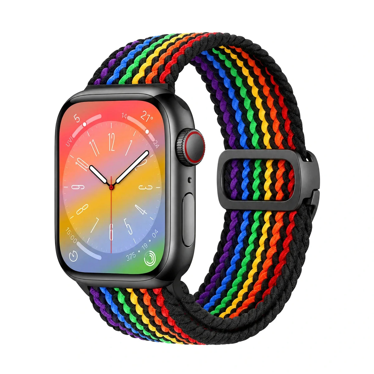 Correa Natte nylon trenzado negro rayas arcoíris, vista frontal - Apple Watch
