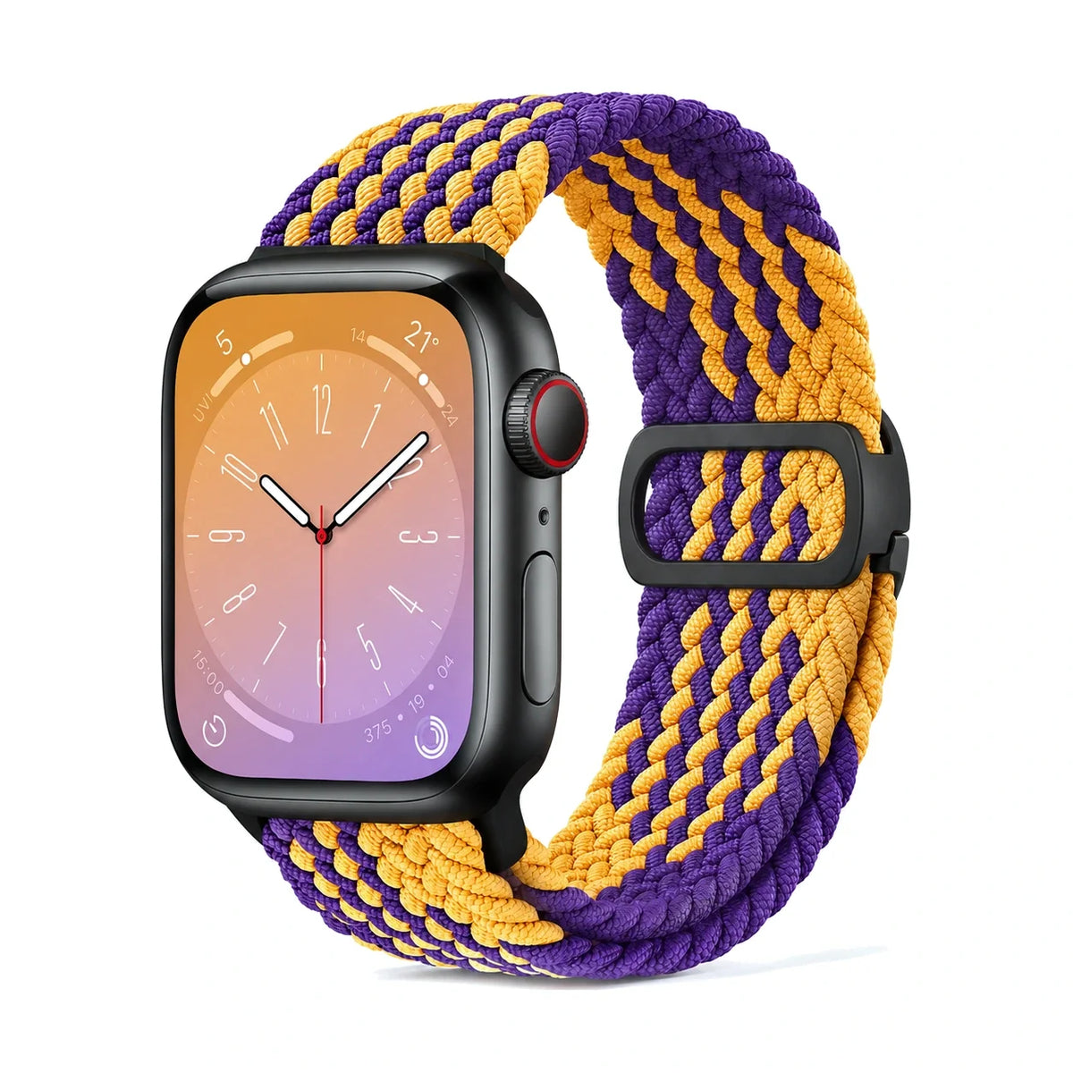 Correa Natte nylon trenzado violeta y amarillo, vista frontal - Apple Watch