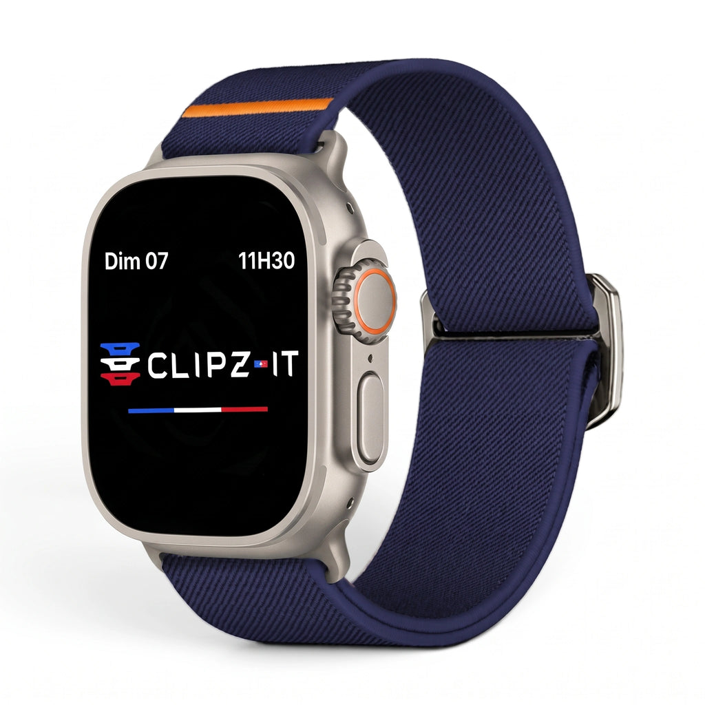 Bracelet Nomade nylon sportif bleu, vue de face 2 - Apple Watch | Clipz-it