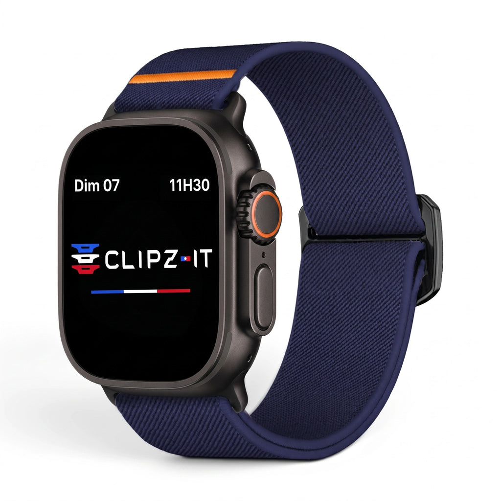 Bracelet Nomade nylon sportif bleu, vue de face - Apple Watch | Clipz-it