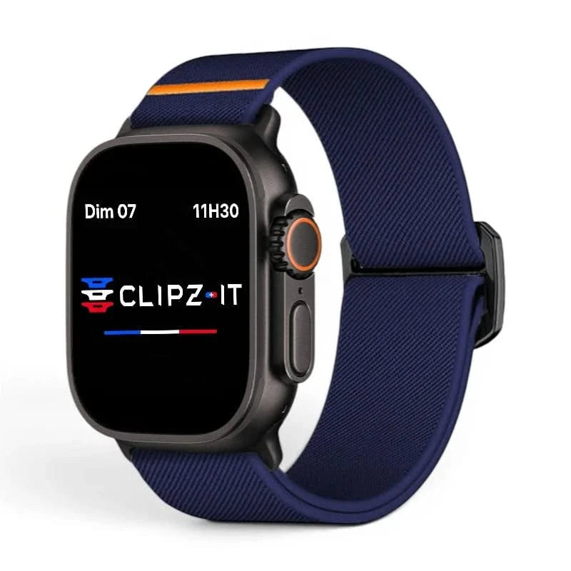 Bracelet Nomade nylon sportif bleu, vue de face - Apple Watch | Clipz-it