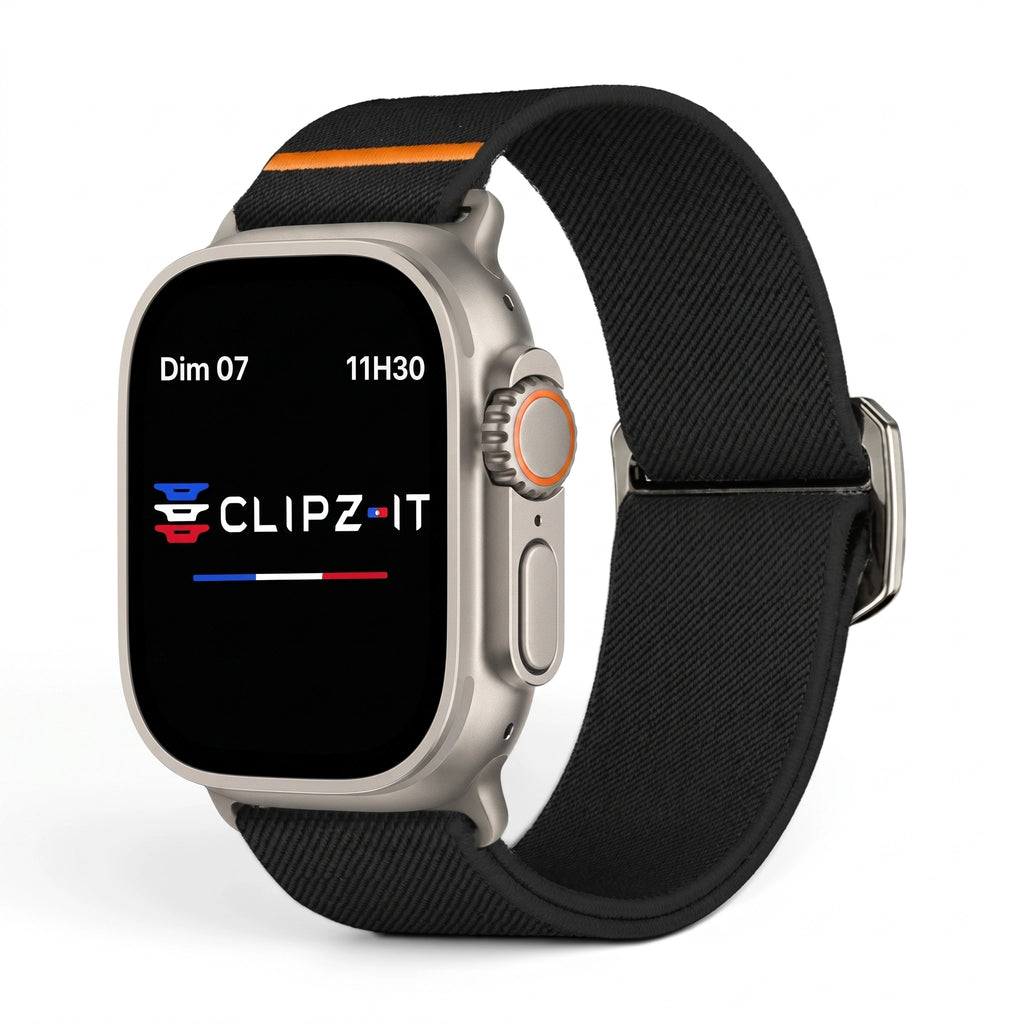 Bracelet Nomade nylon sportif noir, vue de face 2 - Apple Watch | Clipz-it