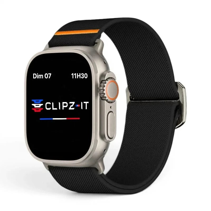Bracelet Nomade nylon sportif noir, vue de face 2 - Apple Watch | Clipz-it