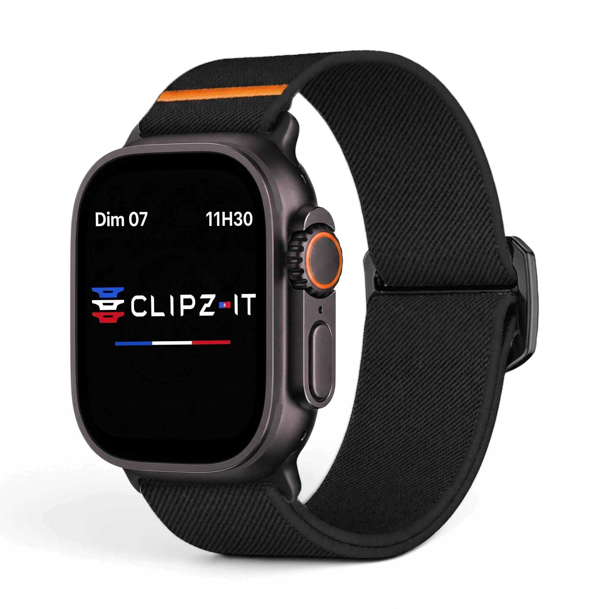 Bracelet Nomade nylon sportif noir, vue de face - Apple Watch | Clipz-it
