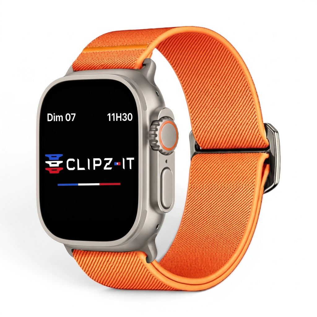 Bracelet Nomade nylon sportif orange, vue de face 2 - Apple Watch | Clipz-it