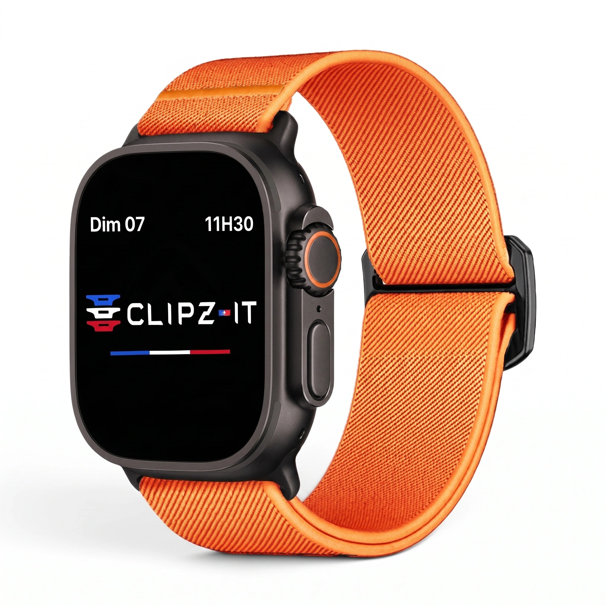 Bracelet Nomade nylon sportif orange, vue de face - Apple Watch | Clipz-it