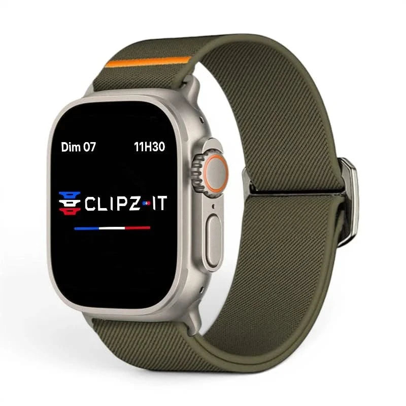 Bracelet Nomade nylon sportif vert militaire, vue de face 2 - Apple Watch | Clipz-it