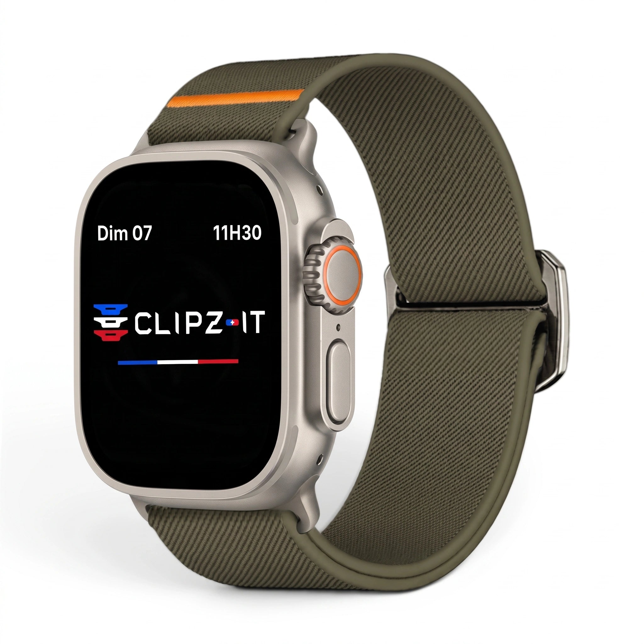 Bracelet Nomade nylon sportif vert militaire, vue de face 2 - Apple Watch | Clipz-it