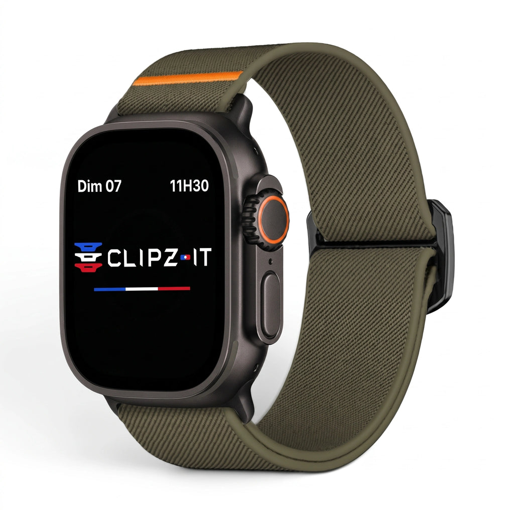 Bracelet Nomade nylon sportif vert militaire, vue de face - Apple Watch | Clipz-it