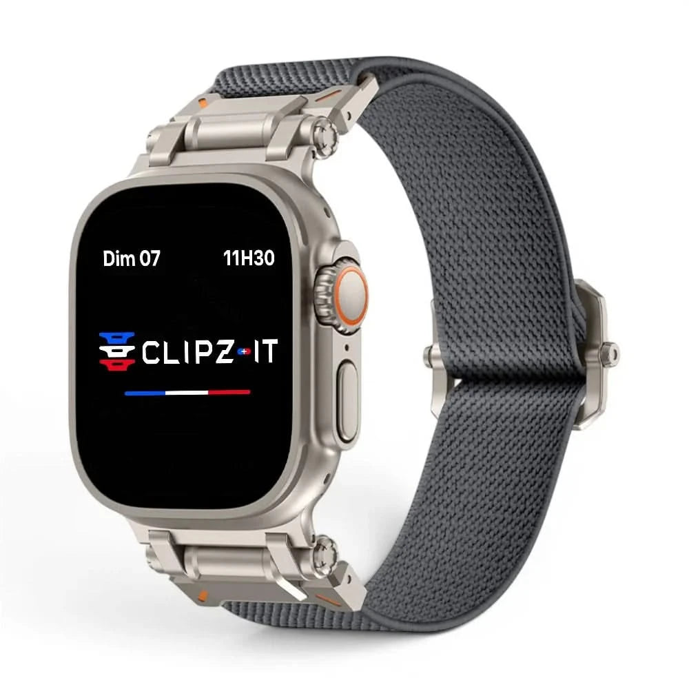 Bracelet Odyssey nylon militaire gris, vue de face 2 - Apple Watch | Clipz-it