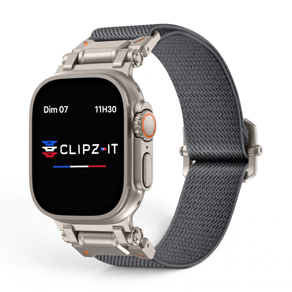 Bracelet Odyssey nylon militaire gris, vue de face 2 - Apple Watch | Clipz-it