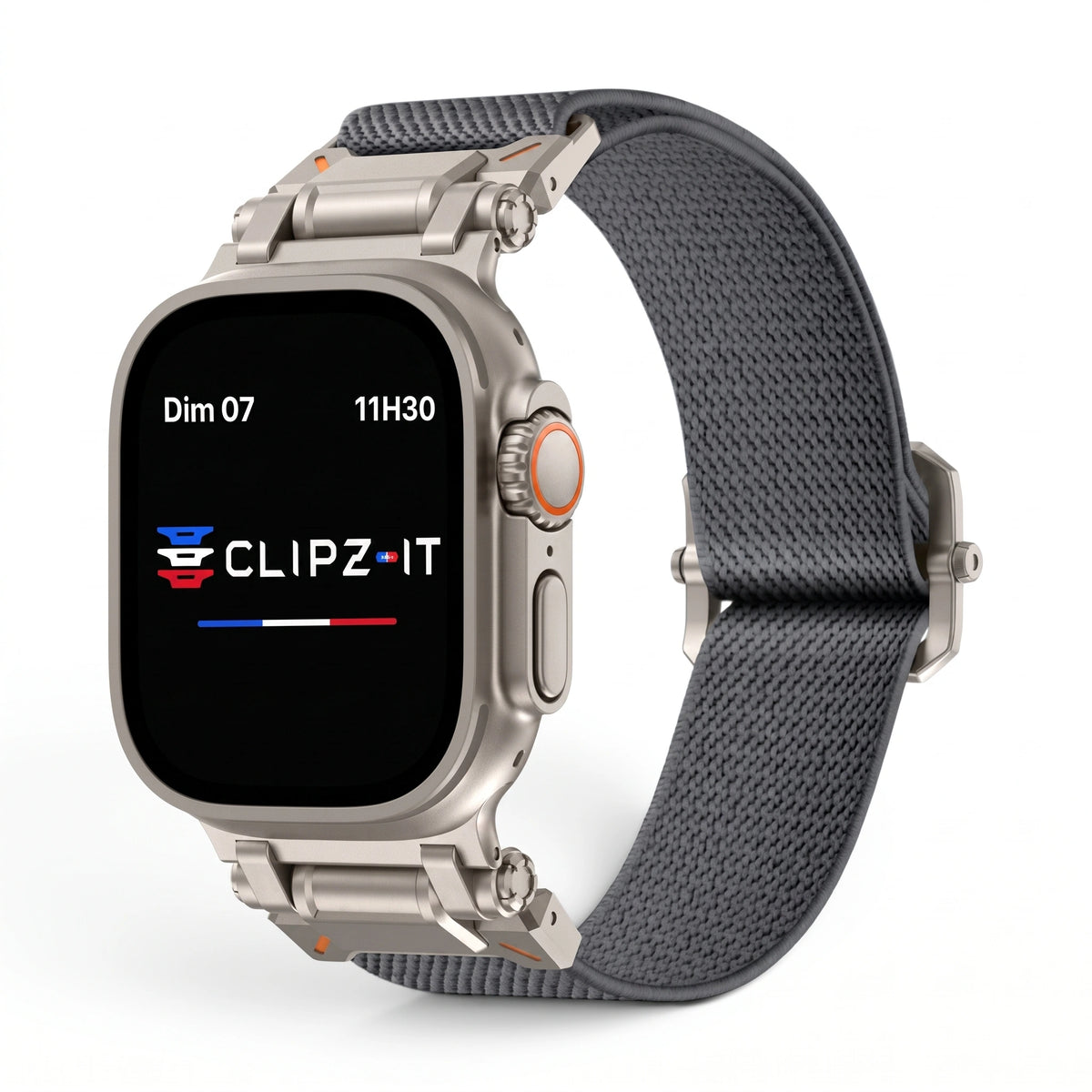 Bracelet Odyssey nylon militaire gris, vue de face 2 - Apple Watch | Clipz-it