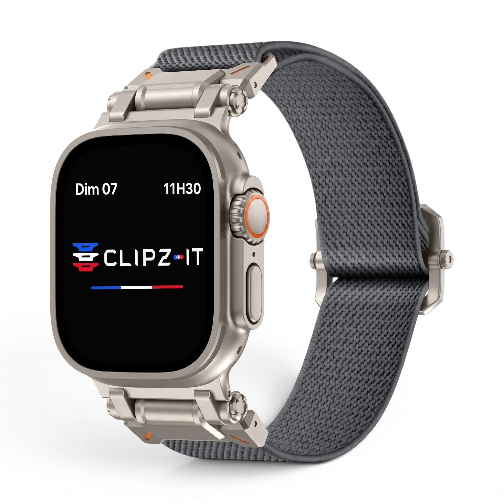 Bracelet Odyssey nylon militaire gris, vue de face 2 - Apple Watch | Clipz-it