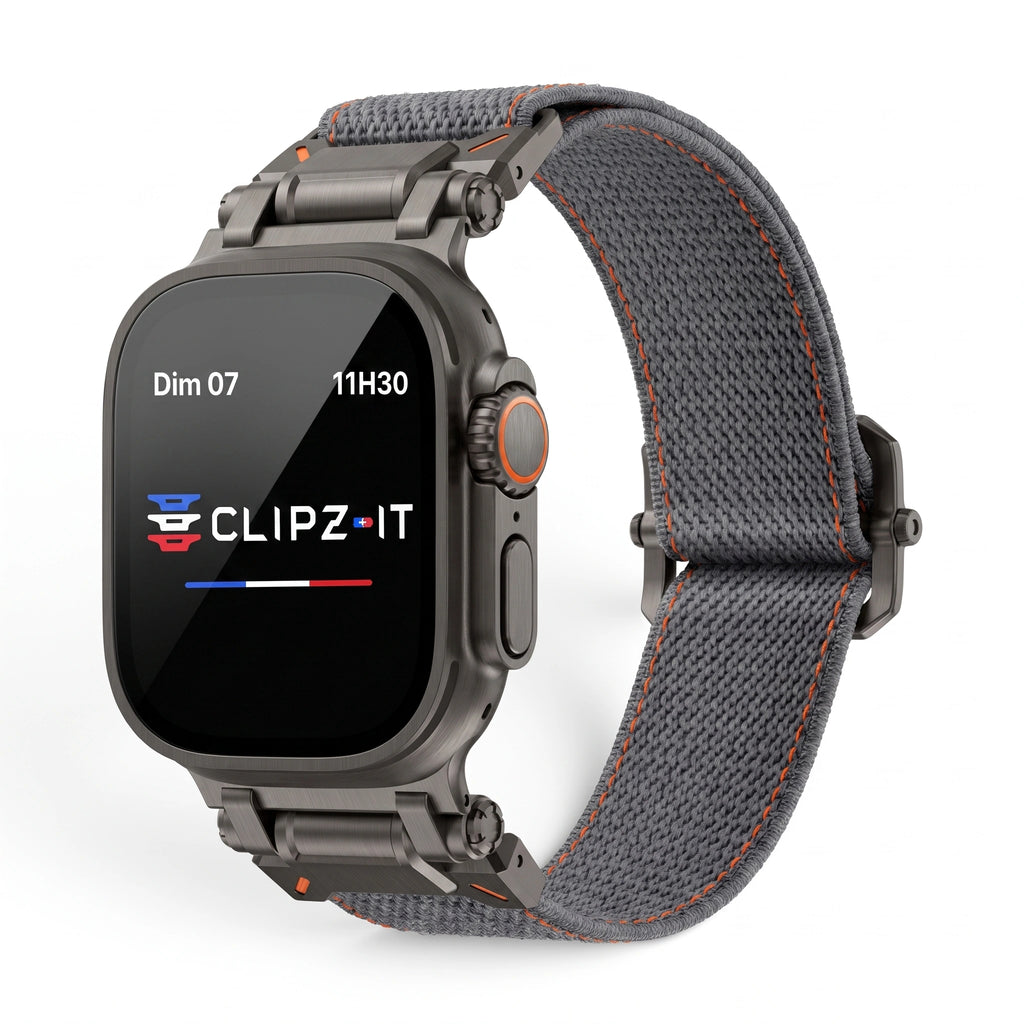 Bracelet Odyssey nylon militaire gris, vue de face - Apple Watch | Clipz-it