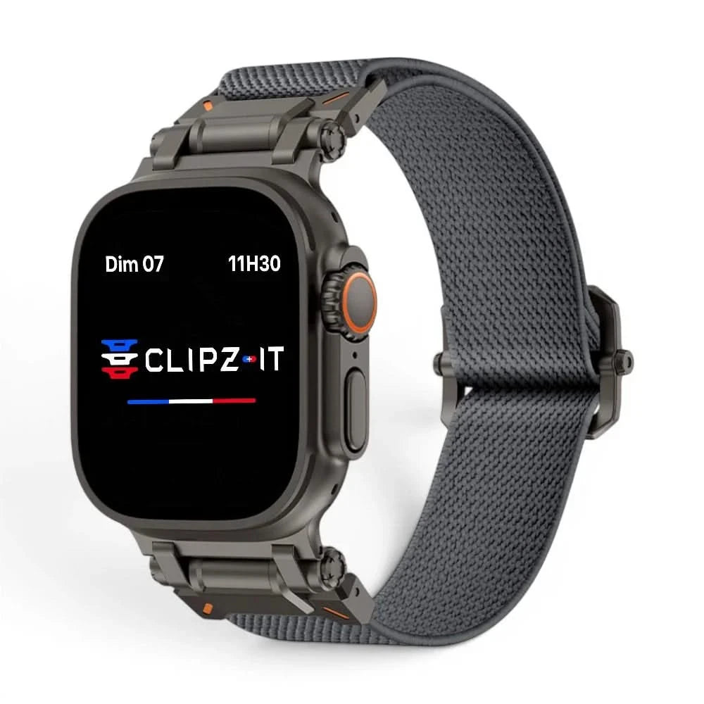 Bracelet Odyssey nylon militaire gris, vue de face - Apple Watch | Clipz-it