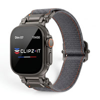 Bracelet Odyssey nylon militaire gris, vue de face - Apple Watch | Clipz-it