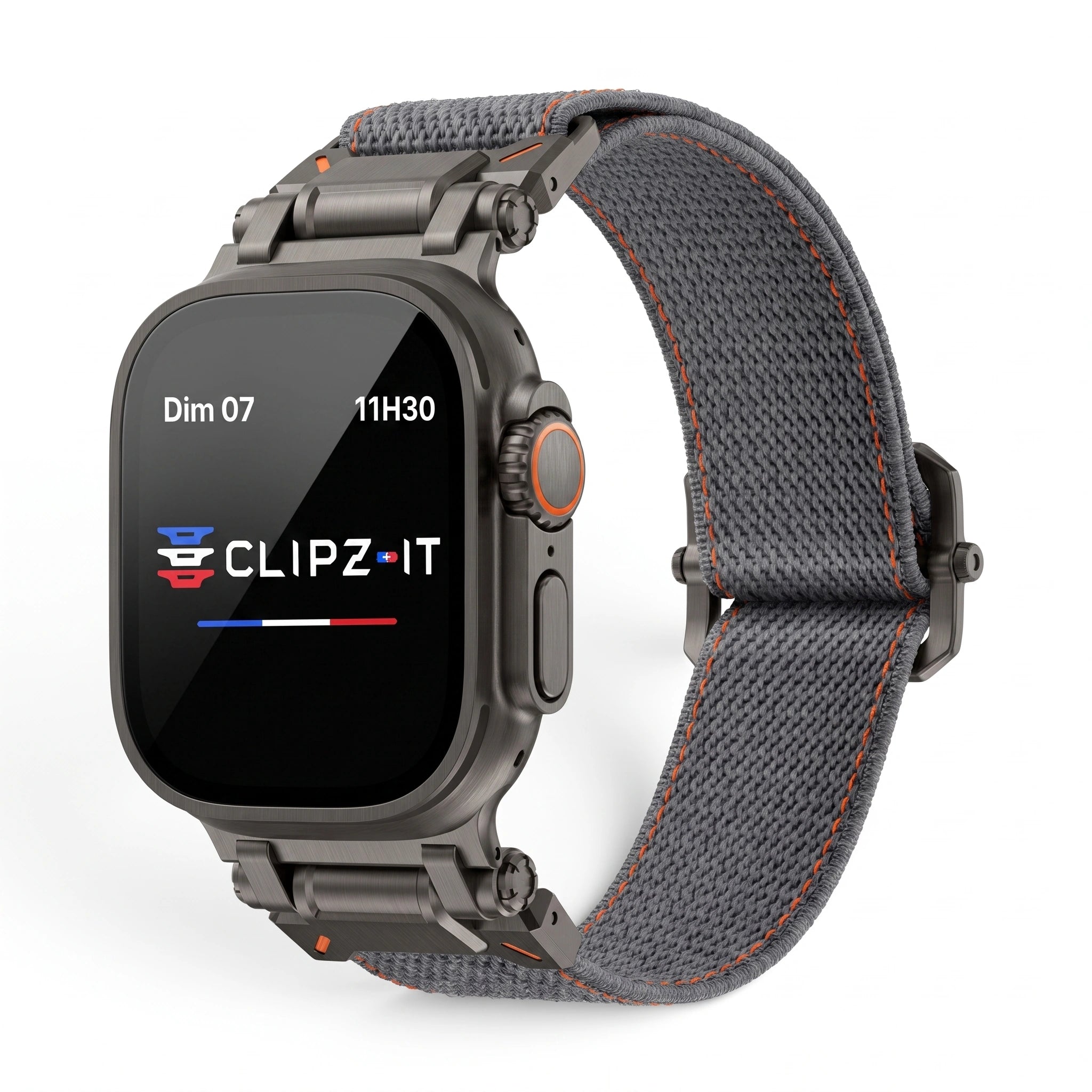 Bracelet Odyssey nylon militaire gris, vue de face - Apple Watch | Clipz-it