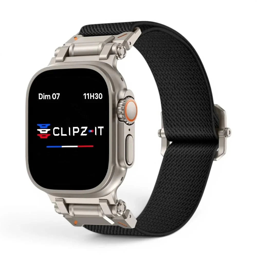 Bracelet Odyssey nylon militaire noir, vue de face 2 - Apple Watch | Clipz-it