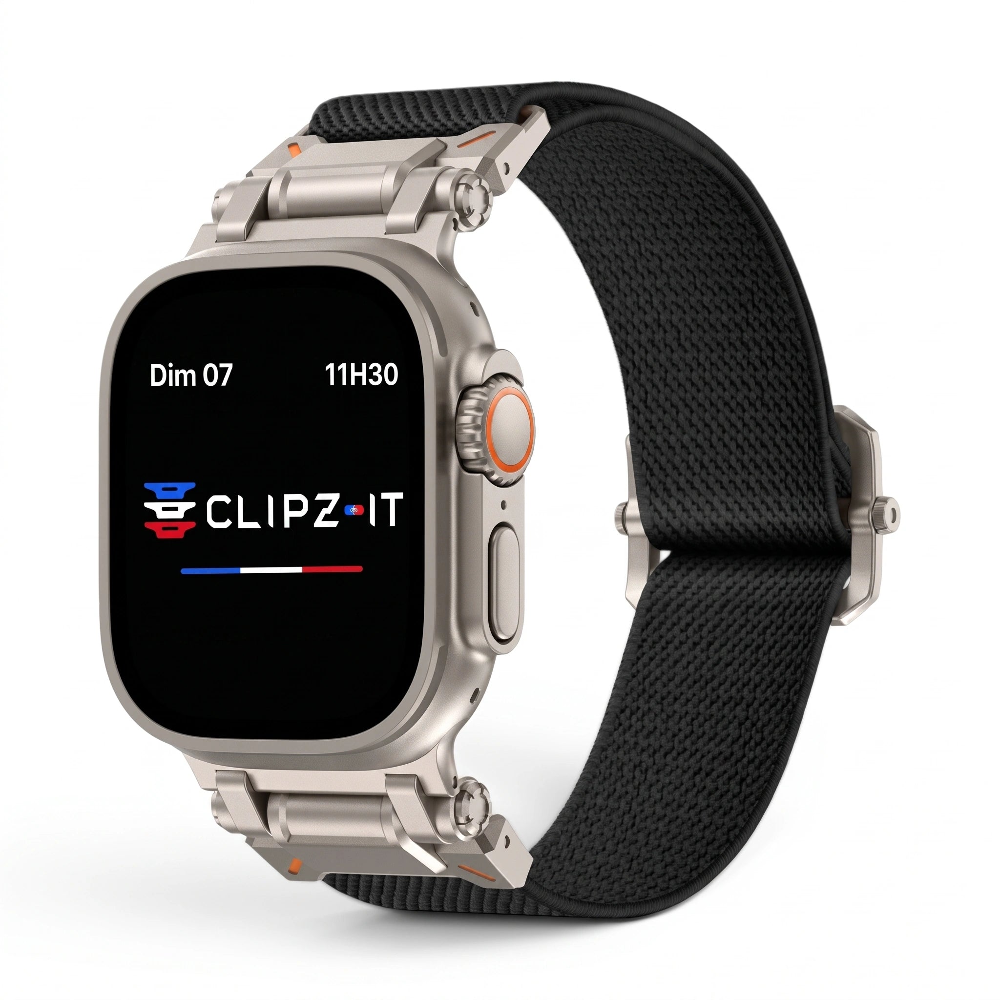 Bracelet Odyssey nylon militaire noir, vue de face 2 - Apple Watch | Clipz-it