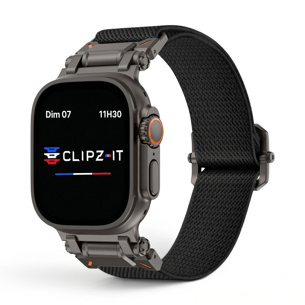 Bracelet Odyssey nylon militaire noir, vue de face - Apple Watch | Clipz-it