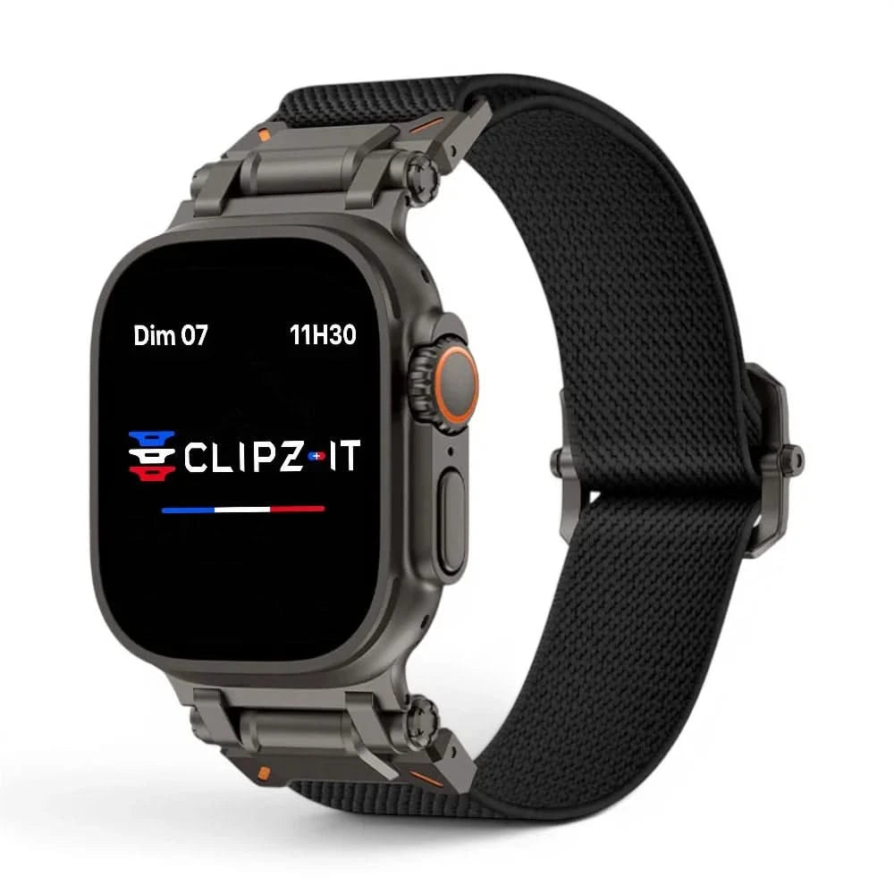 Bracelet Odyssey nylon militaire noir, vue de face - Apple Watch | Clipz-it