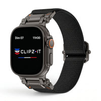 Bracelet Odyssey nylon militaire noir, vue de face - Apple Watch | Clipz-it