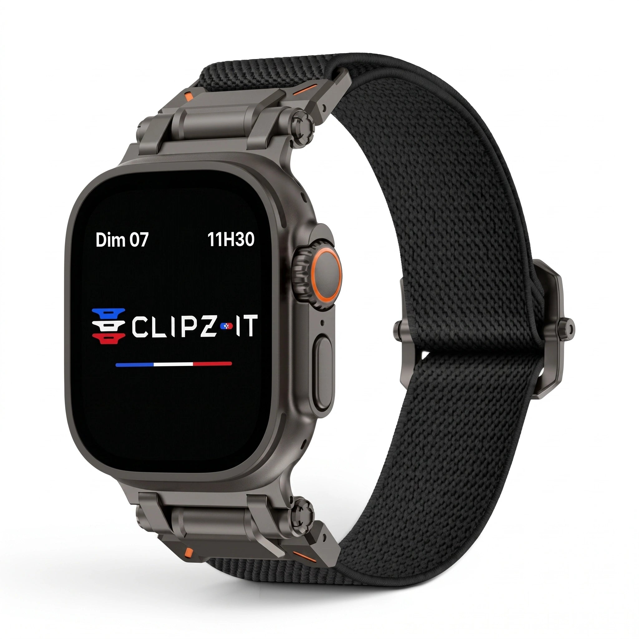 Bracelet Odyssey nylon militaire noir, vue de face - Apple Watch | Clipz-it