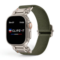 Bracelet Odyssey nylon militaire vert militaire, vue de face 2 - Apple Watch | Clipz-it
