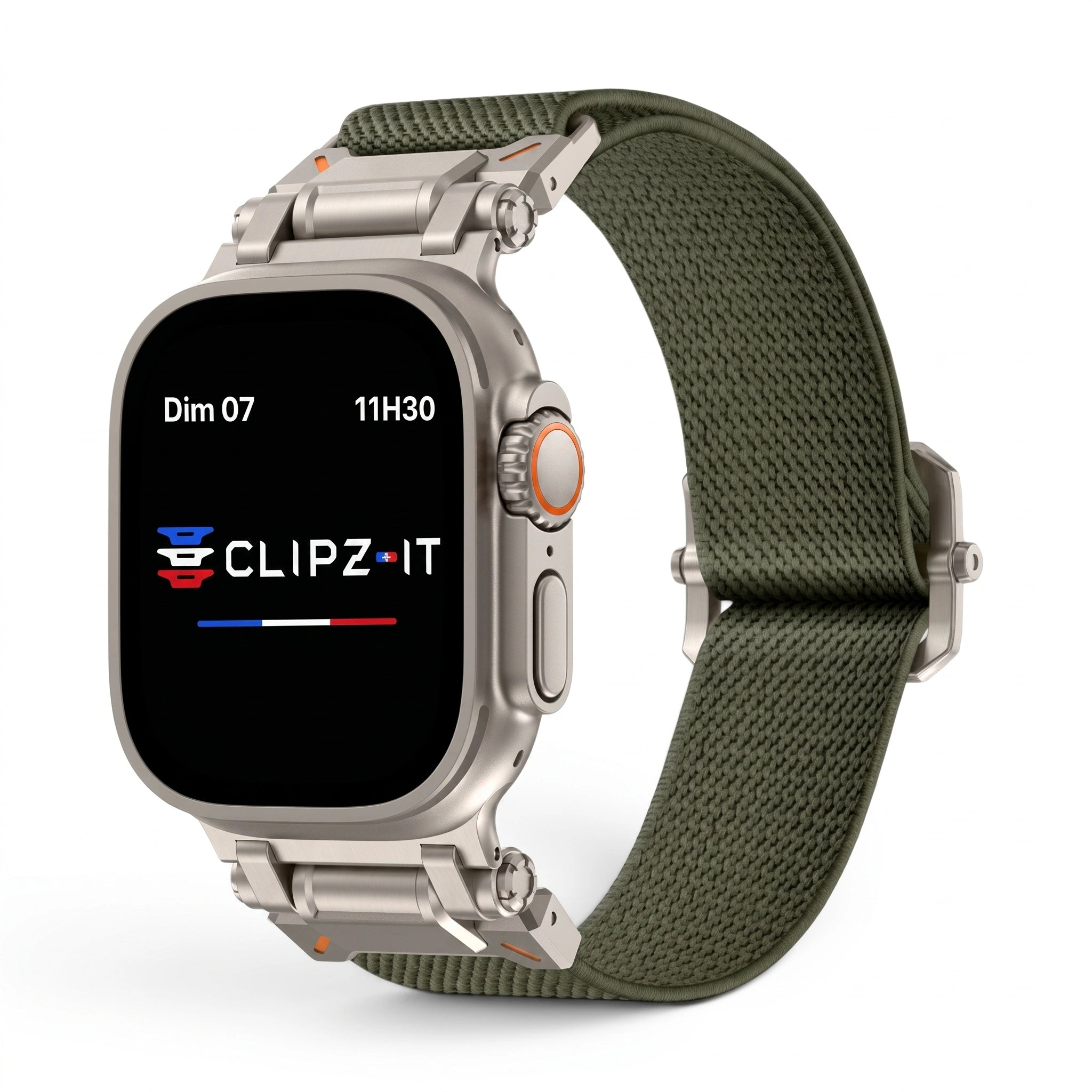 Bracelet Odyssey nylon militaire vert militaire, vue de face 2 - Apple Watch | Clipz-it
