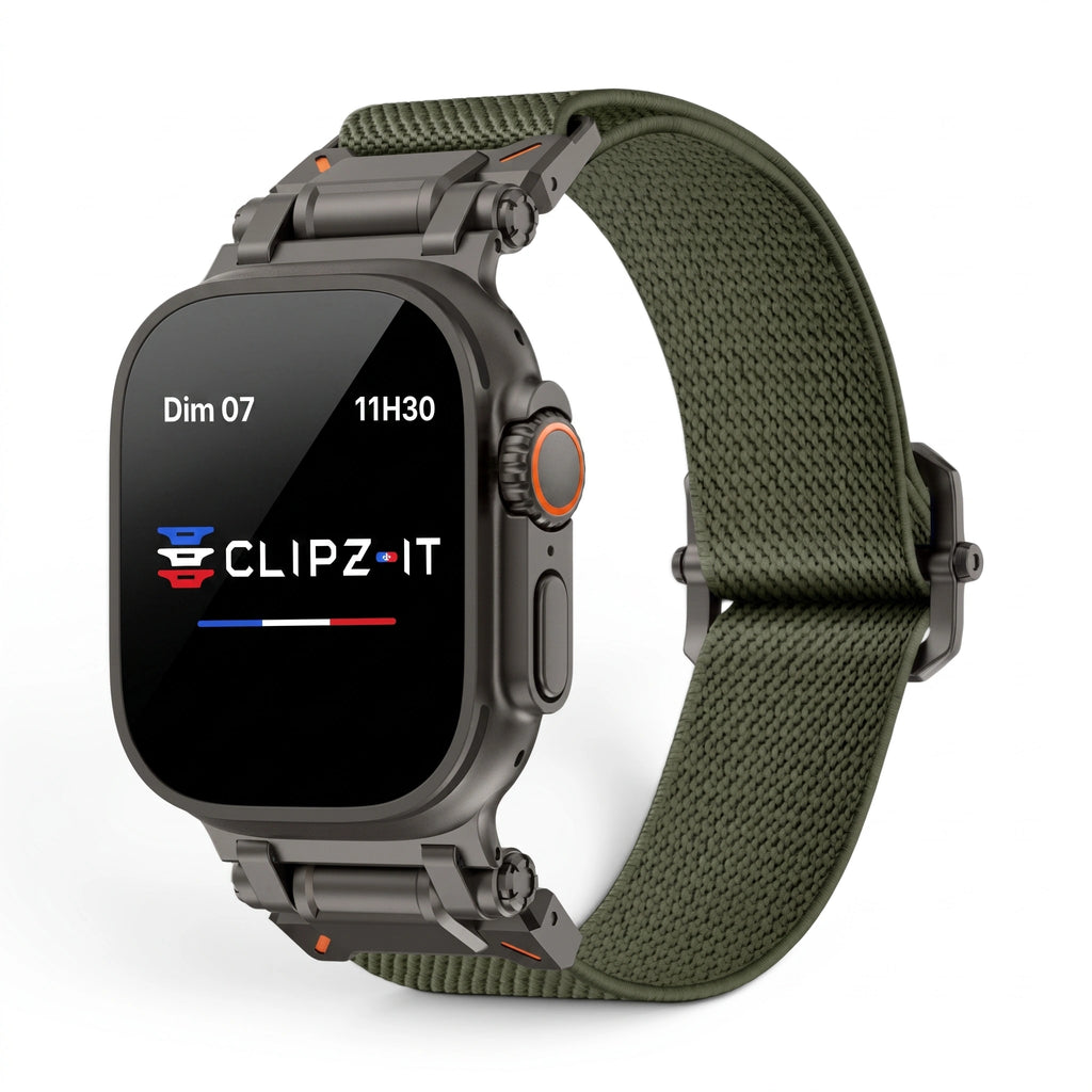 Bracelet Odyssey nylon militaire vert militaire, vue de face - Apple Watch | Clipz-it