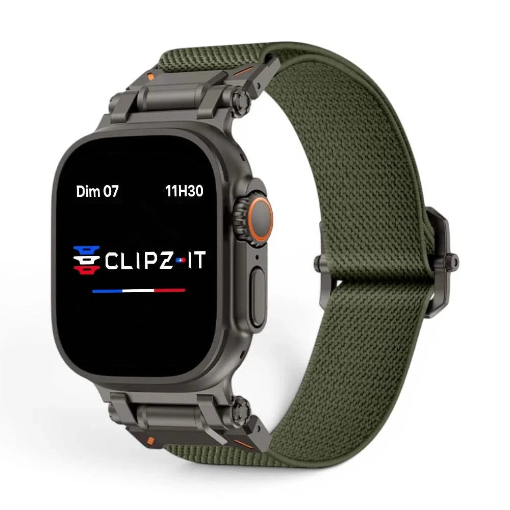 Bracelet Odyssey nylon militaire vert militaire, vue de face - Apple Watch | Clipz-it