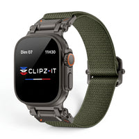 Bracelet Odyssey nylon militaire vert militaire, vue de face - Apple Watch | Clipz-it