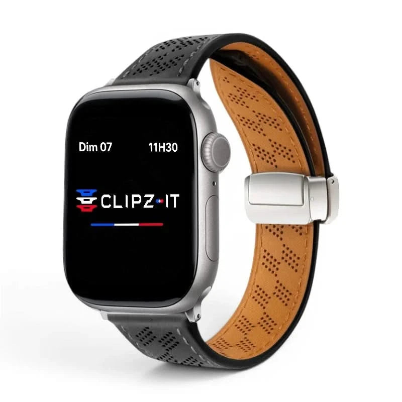 Bracelet Perforé cuir perforé noir, vue de face - Apple Watch | Clipz-it