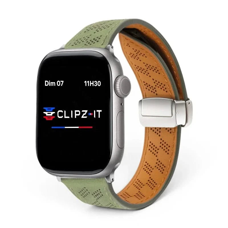 Bracelet Perforé cuir perforé vert, vue de face - Apple Watch | Clipz-it