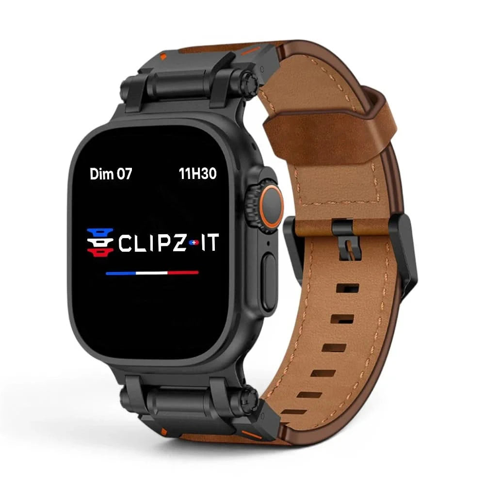 Bracelet Perpetuo cuir & titane marron, vue de face - Apple Watch | Clipz-it